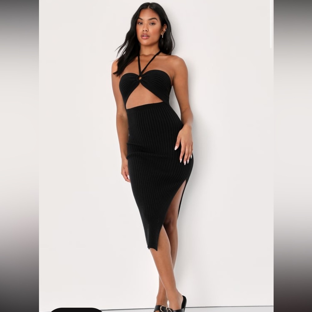 Leading the Trends Black Ribbed Knit Cutout Halter Midi Dress